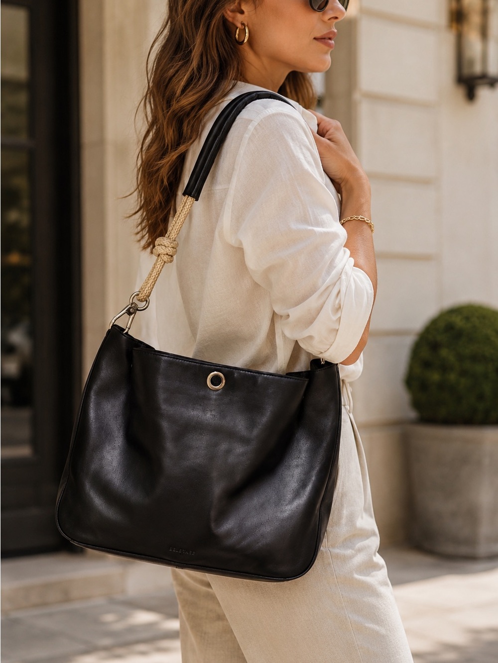 Belstaff Italy Black Leather Hobo Shoulder Bag Rope Strap Large Designer Luxury